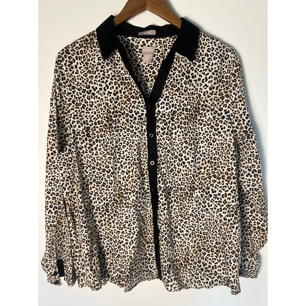 Chico's 3 Button Down Shirt XL Leopard Print No Iron Cotton Animal Print Office